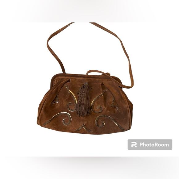Vintage Genuine Suede Pocketbook Brown Embroidered Casual Handbag Made in Italy